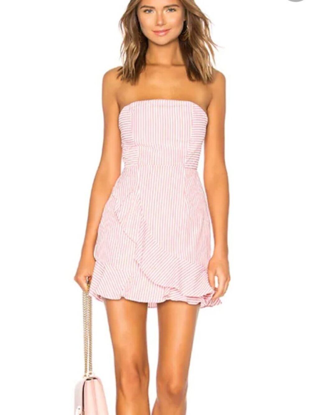 Superdown Rosalie Stripe Ruffle Strapless Pink and White Sundress Size Small